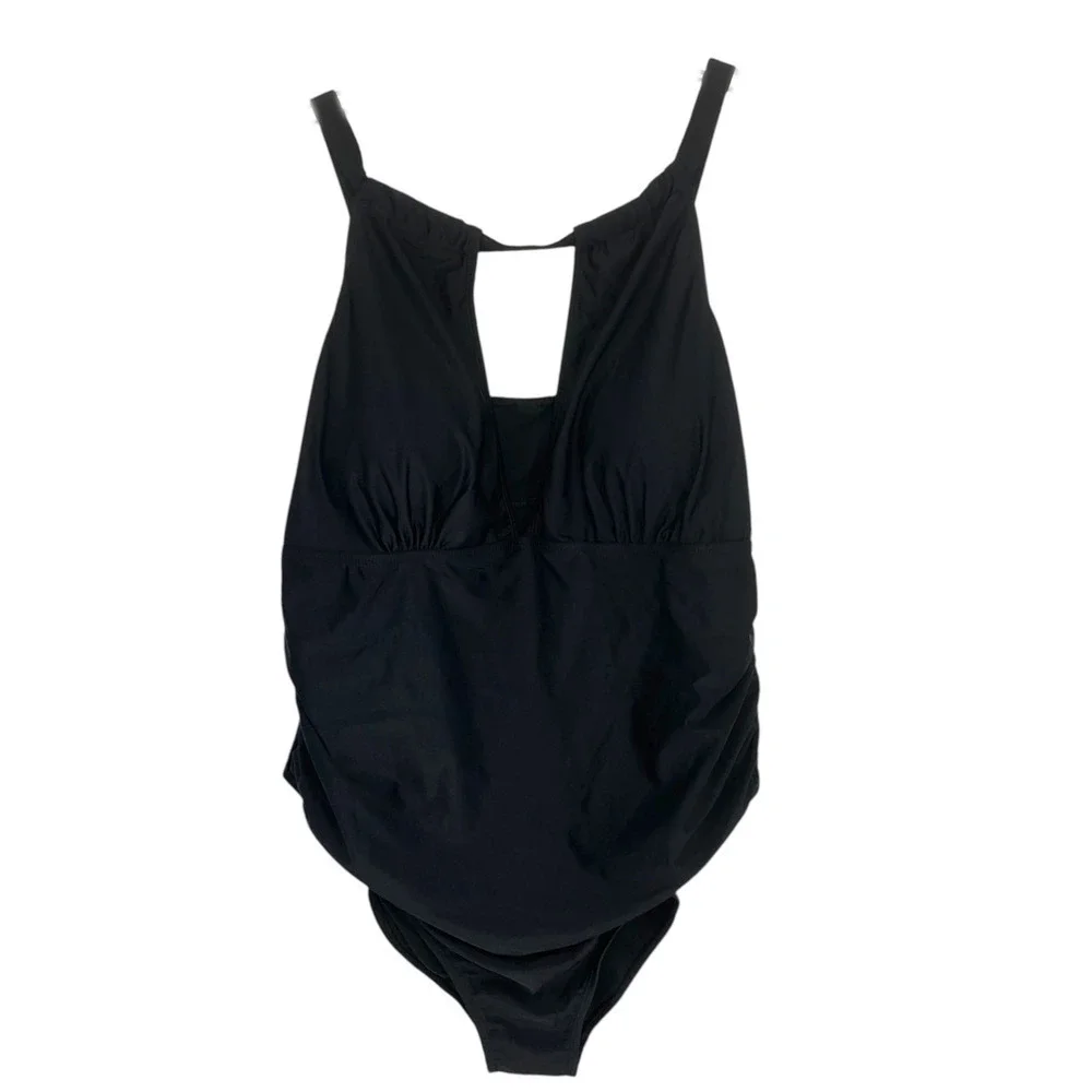 NWT Simply Fit Swimwear High Neck Ruched One Piece Swimsuit Plus Sz 3X Black NEW